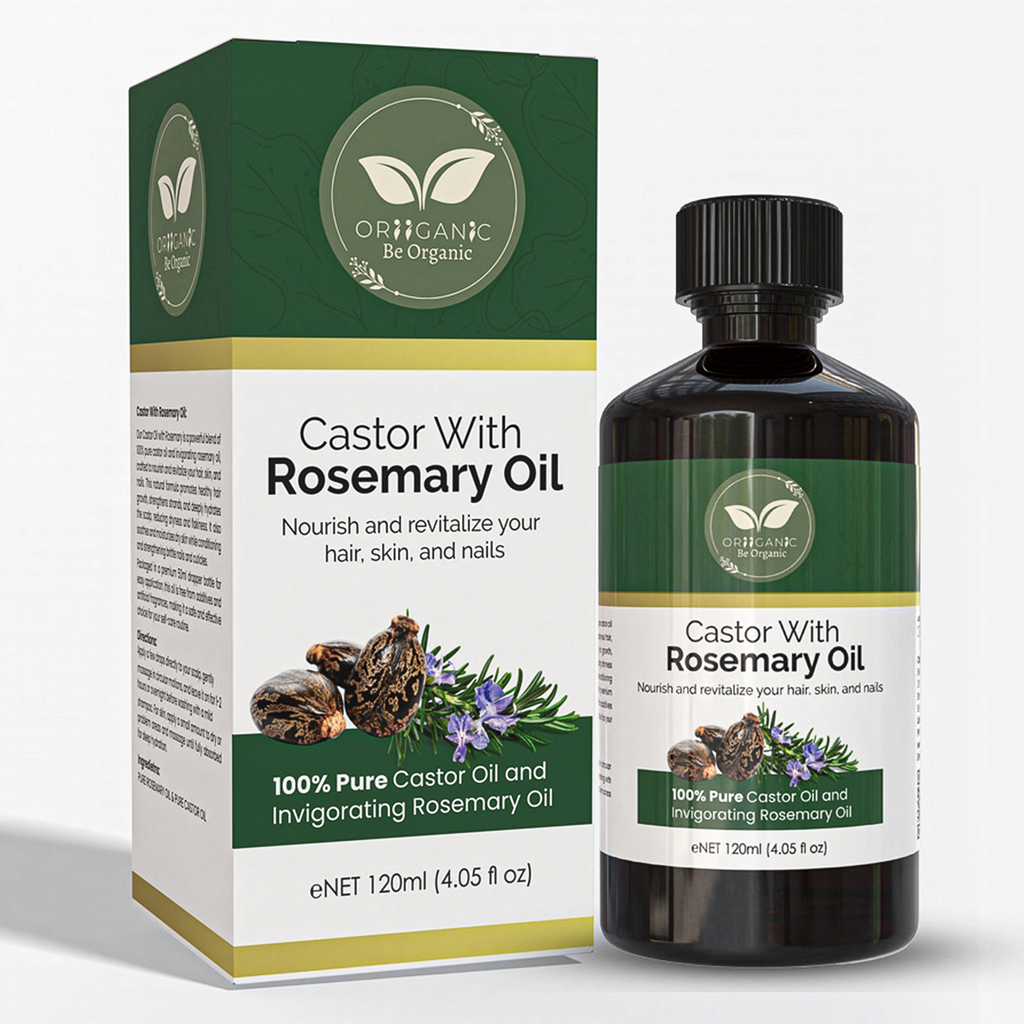 Oriiganic  100 % pure Castor oil  with Rosemary for Hair & Body 120 ml - Natural Hair Growth - Strengthen Hair Roots - Treat Dry and Damaged Hair